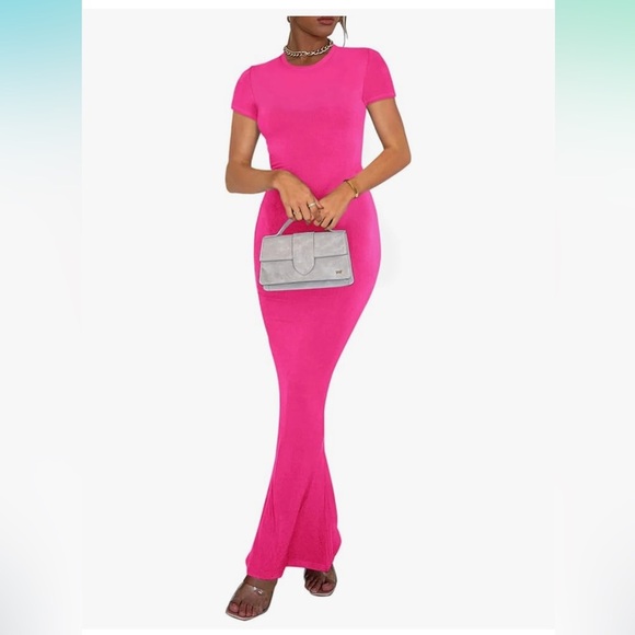 NWT REORIA rose red Long Dress Elegant Short Sleeve Crew Neck Bodycon Maxi Dress - Picture 5 of 7